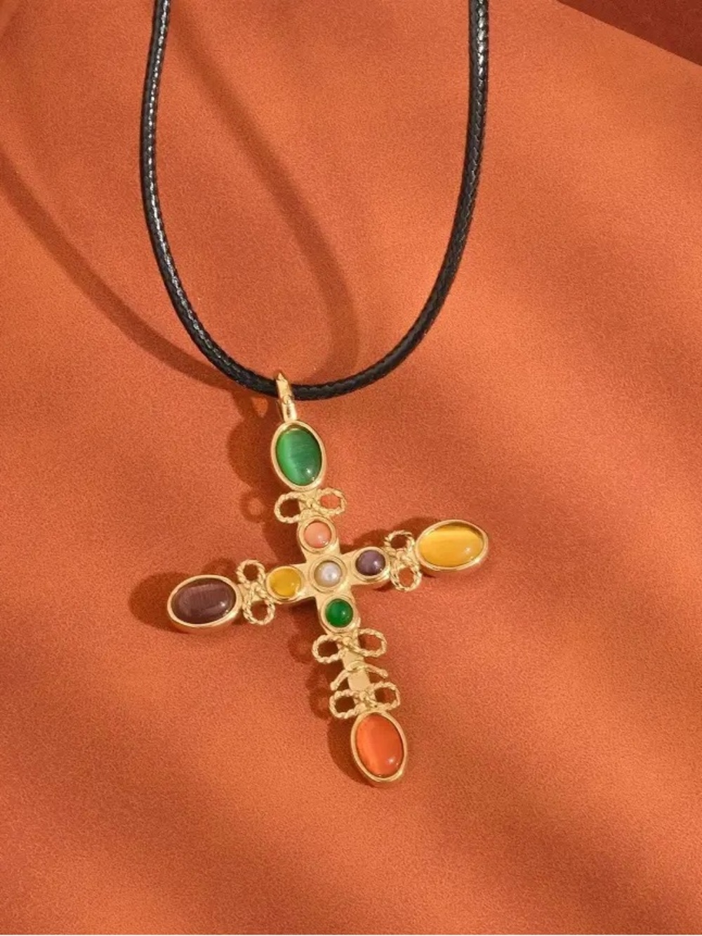 Gold Multicolor Gemstone Cross Pendant Necklace